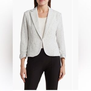 Amanda & Chelsea Scrunched Sleeve Ponte Blazer. White with Black. Size Large.